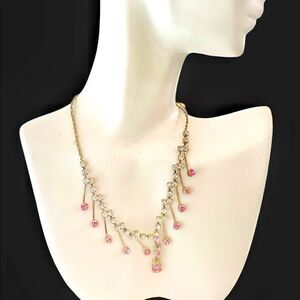 Vintage modernist faceted pink and clear crystal silver necklace